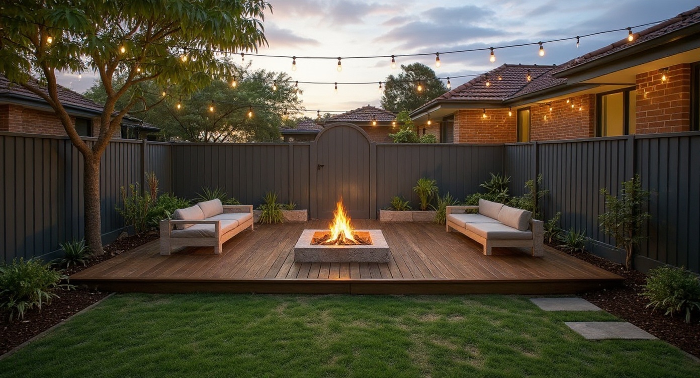 Backyard redesigned with deck and fire pit