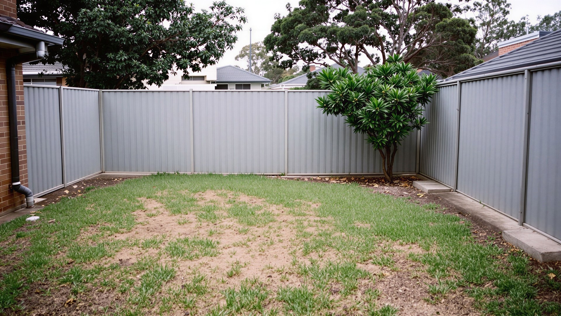 The same backyard before, tired lawn and bare fence line