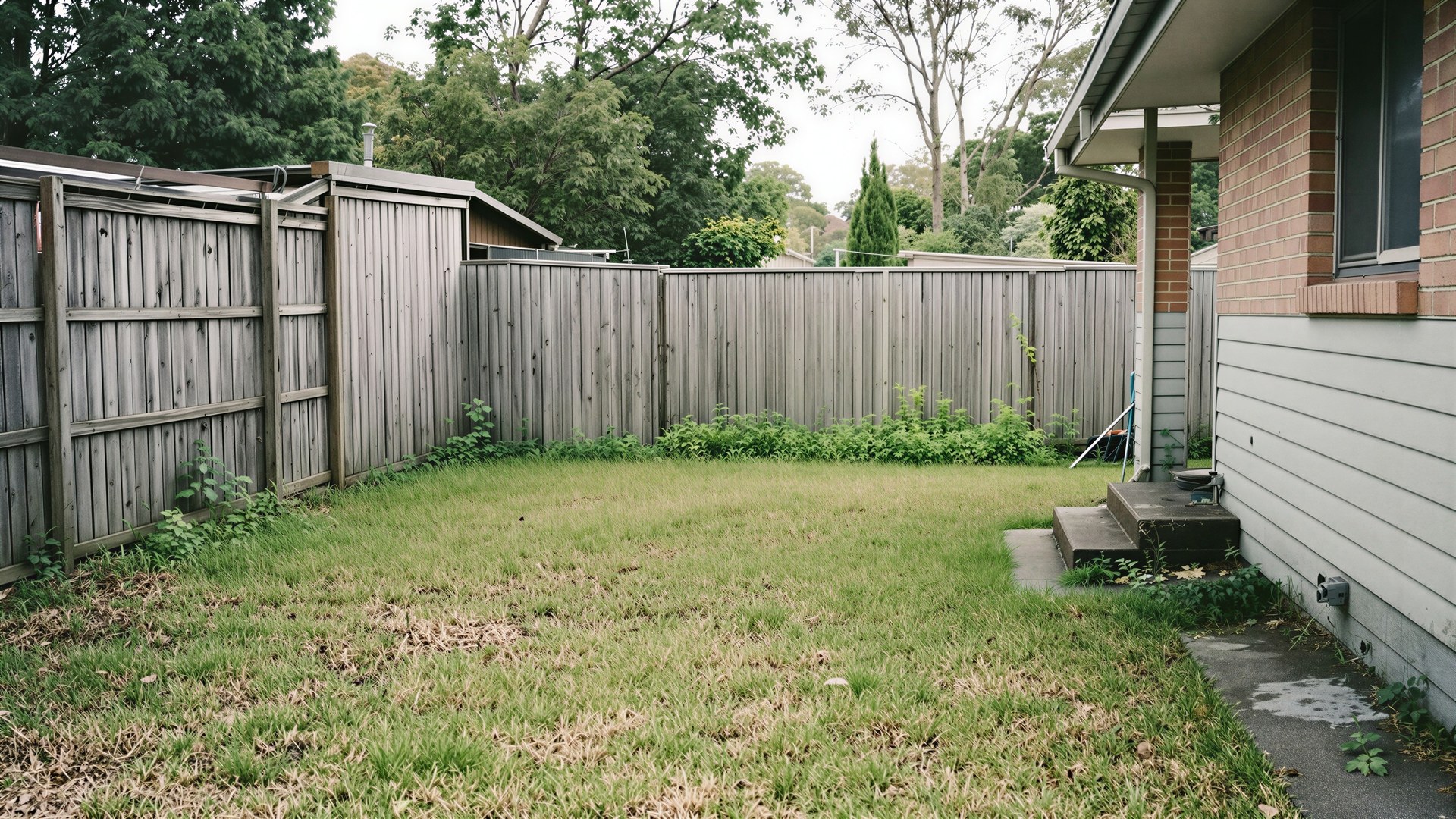 A different yard before, plain concrete and patchy grass