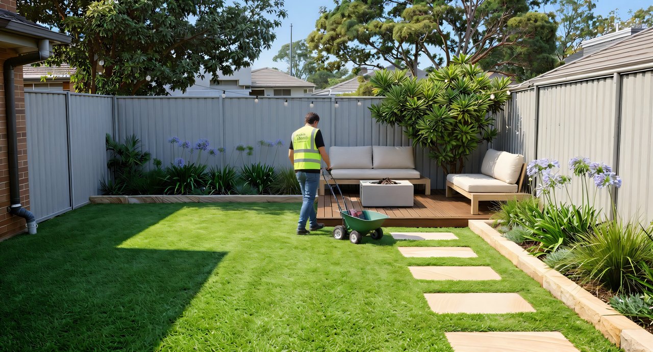 The same Manly Vale yard, six months on, lawn being mowed