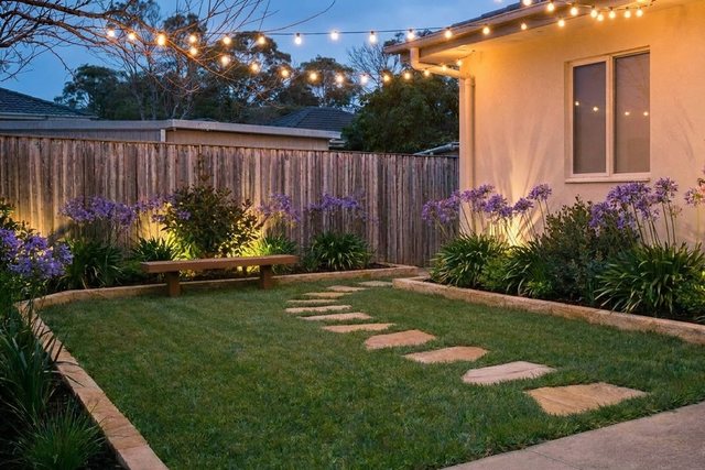 A garden lit at dusk