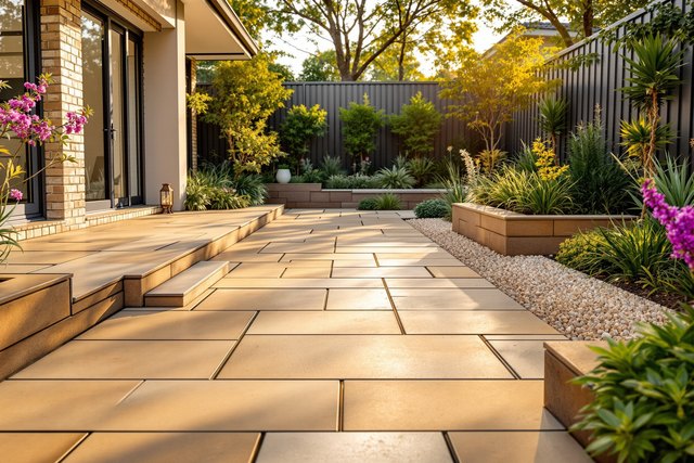 Sandstone paving tying a yard together