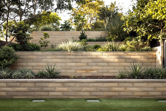 A terraced, retained garden on a slope